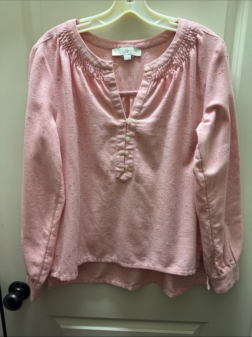 LOFT Light Pink Smocked Henley Peasant Blouse